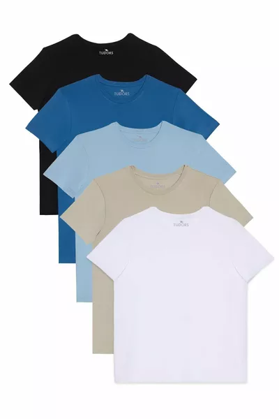 تيشيرت قميص ضيق قصّة نحيلة من القطن % بياقة دائرية، مجموعة من 5 قطع للجنسين بالألوان: أسود، رملي، أزرق، أزرق فاتح، أبيض