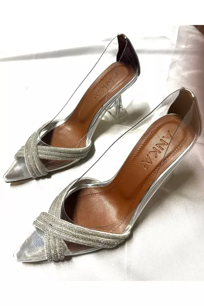 Damen Princess Silber Cognac Transparent Kreuzverziert 8 cm Transparent Absatz Spitz zulaufende Abendgarderobe Schuhe