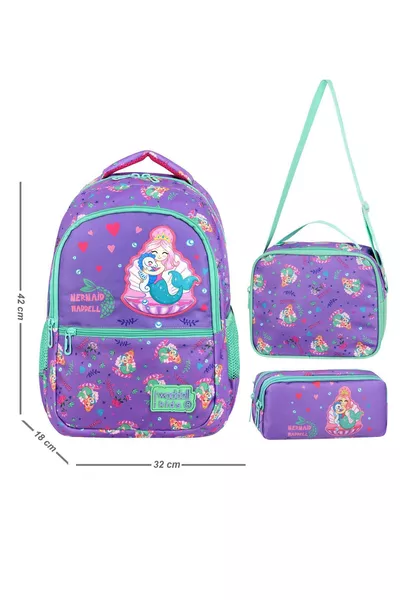 Licensed Mermaid Pattern Girls' Primary School Backpack, Lunch Bag, and 2-Pocket Pencil Case