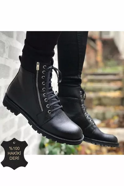 حذاء رجالي أسود بسحّاب من الجلّد الطبيعي العسكري