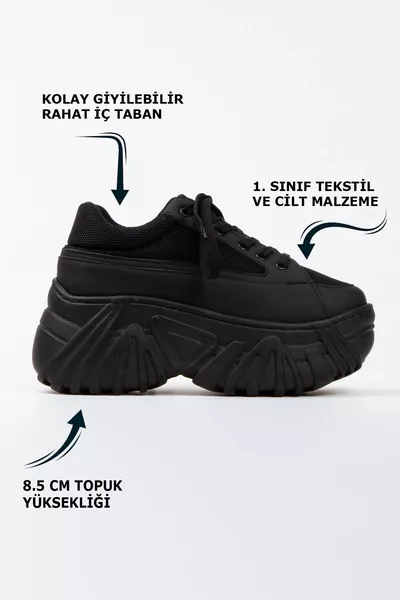 Scarpe da ginnastica sportive da donna giornaliere in pelle con suola alta e lacci nere con rete