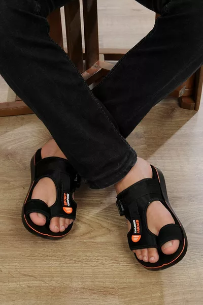 حذاء يومي مقاوم للماء من دنييا ستور سبورت كومفورت، أسود وبرتقالي، بنعل بين الأصابع