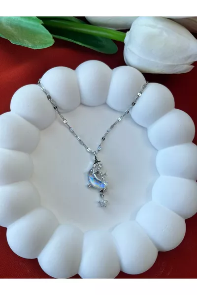 Колие с верига от неръждаема стомана L, покритие от сребро, месечина и звезда, за жени, подарък за приятелка или любима