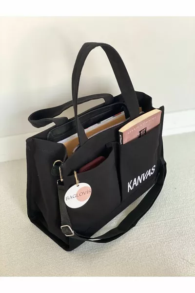 GRAND SAC D'ÉPAULE EN TOILE AVEC DÉTAILS BRODÉS LARGEUR  HAUTEUR 