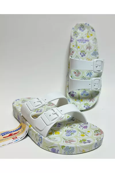 CHAUSSURES D'INTÉRIEUR FEMME BLANCHES À SEMELLE ANATOMIQUE ANTIDÉRAPANTE, SANS BOUCLE, AVEC DOUBLE BANDES, POUR MAISON, RUE, INVITÉS ET SOL HUMIDE