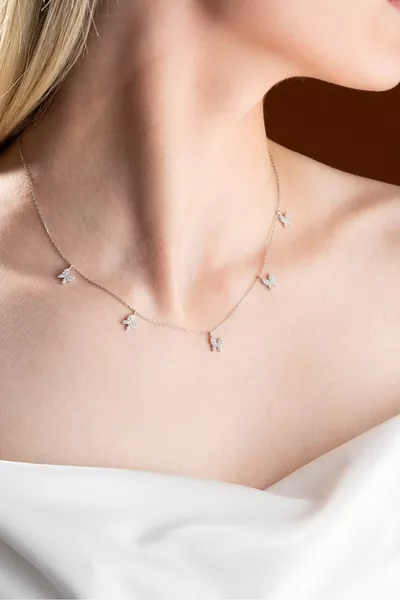  Sterling Silver Rhodium Zircon Stone Lucky Butterfly Necklace