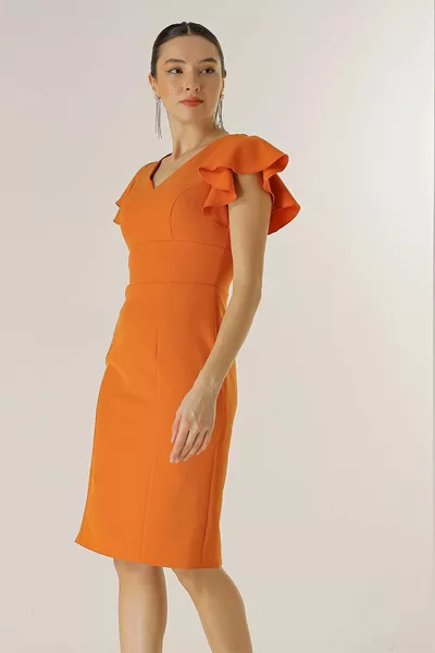 Ön Arka V Yaka Kolları Volanlı Astarlı Krep Elbise