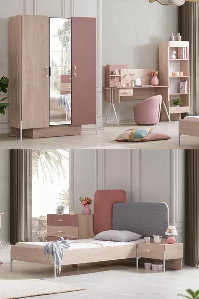 Rosetta Youth Room - 3-Door Wardrobe, Bed, Nightstand, Desk, Dresser, Bookshelf