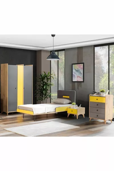 غرفة نوم شبابية عصرية - خزانة بثلاث أبواب، سرير، طاولة جانبية، خزانة أدراج