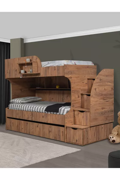 Stapelbed, Aura Kinder Stapelbed 3-Deurs Kast - Walnoot