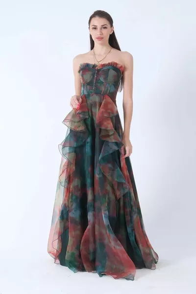 Women's Strapless Collar Slit Skirt Ruffled Green Evening Dress