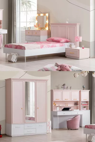 غرفة نوم شباب روزا - خزانة بثلاثة أبواب، سرير، طاولة جانبية، مكتب، كومودينو، مكتبة