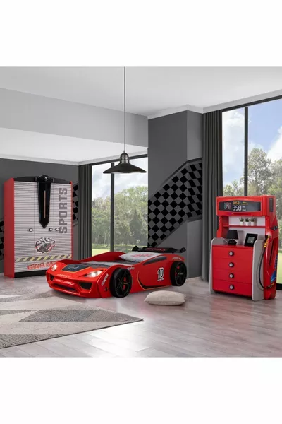 Cameretta - Letto con Ruote Vento - Armadio Sport a 3 Ante, Comò - Rosso