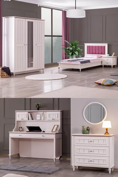 Ezgi Lux Youth Room - 3-Door Wardrobe, Bed, Nightstand, Desk, Dresser