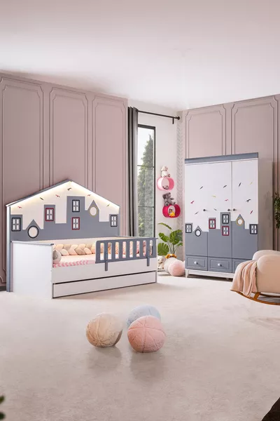 غرفة أطفال مونتيسوري - خزانة بثلاث أبواب من سيتي مونتيسوري، سرير بطابقين - رمادي