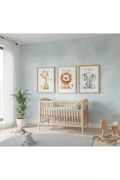 مجموعة غرفة الأطفال الفاخرة "زين"، مجموعة من 3 لوحات حائط مطبوعة بالأشعة فوق البنفسجية بإطار خشبي.