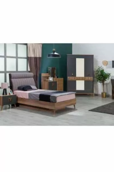 طقم غرفة نوم للشباب والأطفال ريترو باللون الجوز/الأزرق الداكن