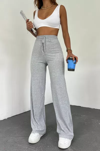 Damen Graue Palazzo-Rippstrick Jogginghose mit weitem Bein