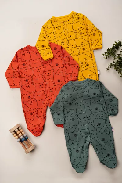 Set di 3 tutine neonati con bottoni a pressione, stampe per bambina e bambino, % cotone con piedini (NEONATO MASCHIO FEMMINA)