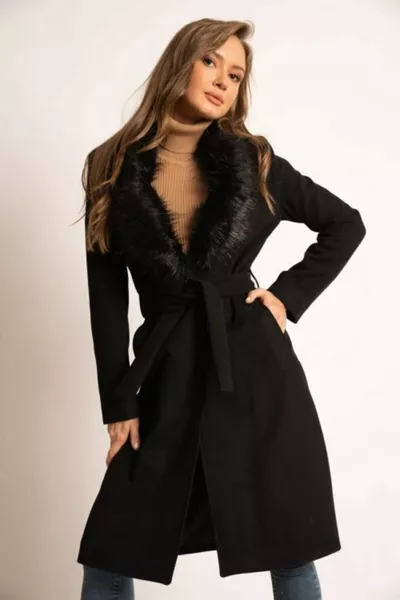 Manteau en laine pour femme grande taille Ksd noir avec col en fourrure