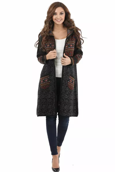 Damen Kapuzenstrickjacke mit schwarzem Muster