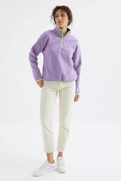 Sweat-shirt polaire femme oversize à col montant, demi-fermeture éclair, lilas clair, bord de jupe froncé - 