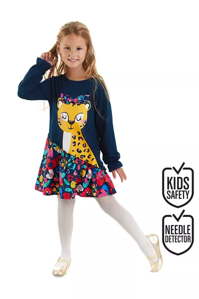 Çiçekli Leoparlı Fırfırlı Lacivert Kız Çocuk Elbise