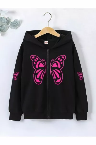 Розовая детская хлопковая кофта на молнии с бабочкой - зимняя толстовка с капюшоном для девочек и мальчиков с черным принтом