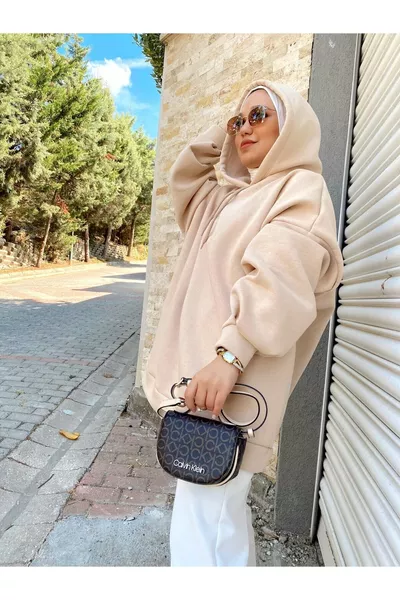 Дамски суитшърт Extra Oversize в бежово с основна 3-нишкова памучна подплата 