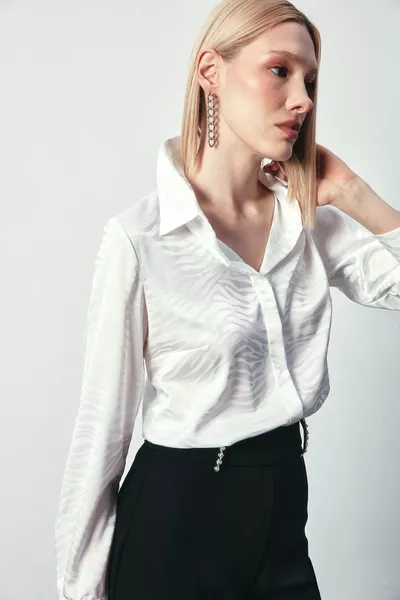 Gemustertes Einfarbiges Klassisches Hemd - Ecru