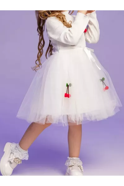 Kirazlı Tütülü Elbise Uzun Kollu