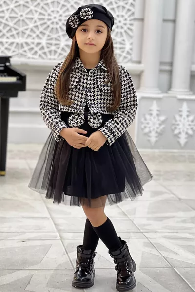Robe en tulle pour fille avec veste à carreaux pied-de-poule et chapeau - Robe de fête - Robe du  avril