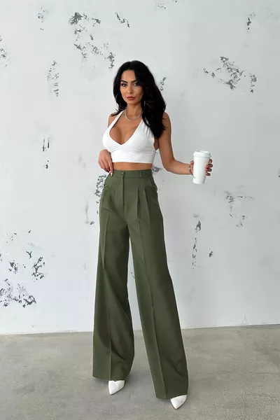 Pantalon Palazzo en tissu kaki plissé