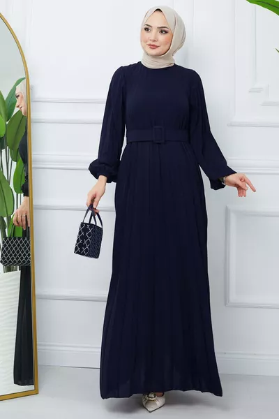 فستان أيروبي بأكمام مزمومة ومخملي باللون الكحلي 