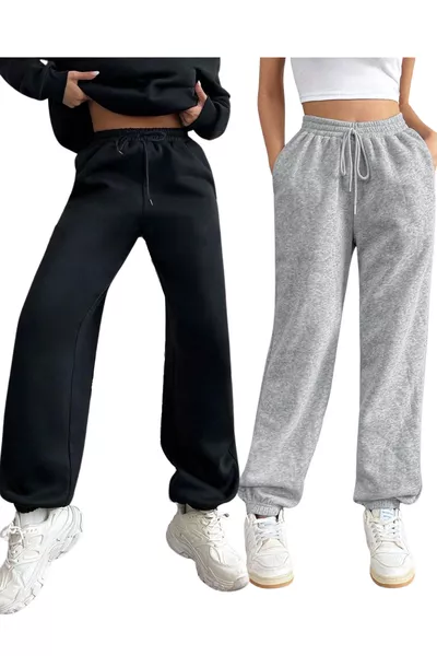 Damen 2er-Set Hohe Bund Jogger-Hose Schwarz-Grau Mit Baumwollfutter