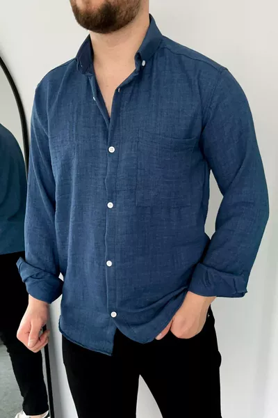 قميص كتان أزرق داكن بجيب واحد