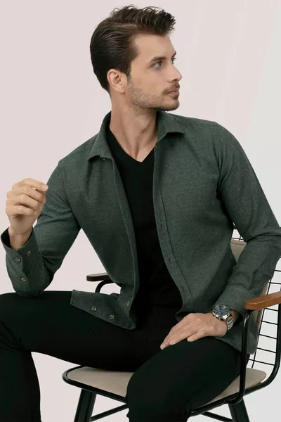Koyu Yeşil Düz Slimfit Oduncu Erkek Gömlek
