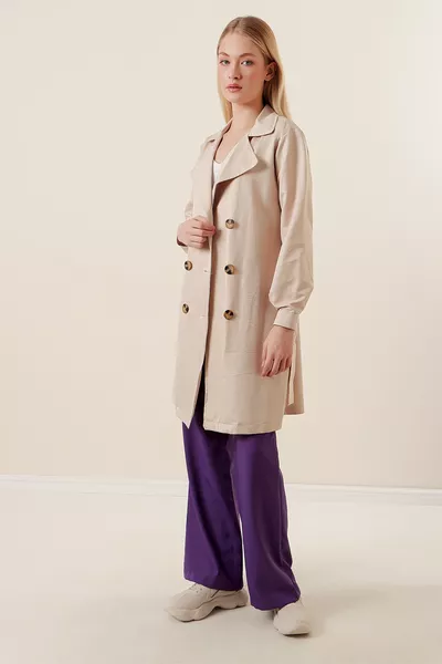  Double-Breasted Short Trench Coat - Beige