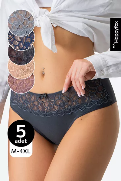 5-delige set luxe katoenen damesonderbroek met kant – dagelijkse comfort met elastische taille