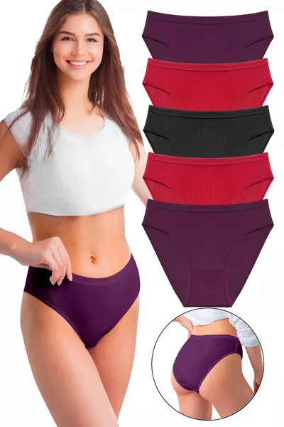 Kadın % Pamuk 5'li Fitilli Bel Bikini Külot Siyah-2 Kırmızı- 2 Mor 
