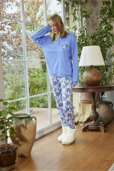 Damen-Pyjama-Set Blau Winter Thermal Rundhalsausschnitt Langarm -4 -  ®