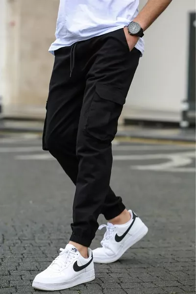 Men's Cotton Stretch Cargo Pants Black Side Pocket Pants