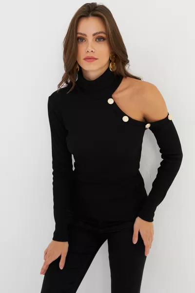 Дамски черен еднораменен отворен плетен пуловер с поло 