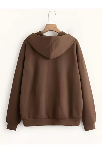 سترة بغطاء للرأس بلون القهوة بسحاب