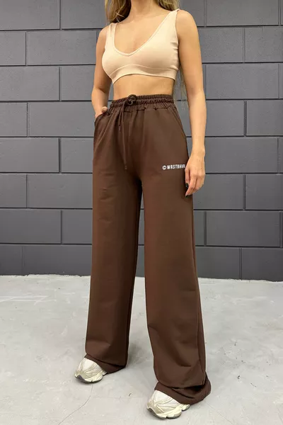 Kadın Kahverengi Bol Paça Baskılı Eşofman Altı