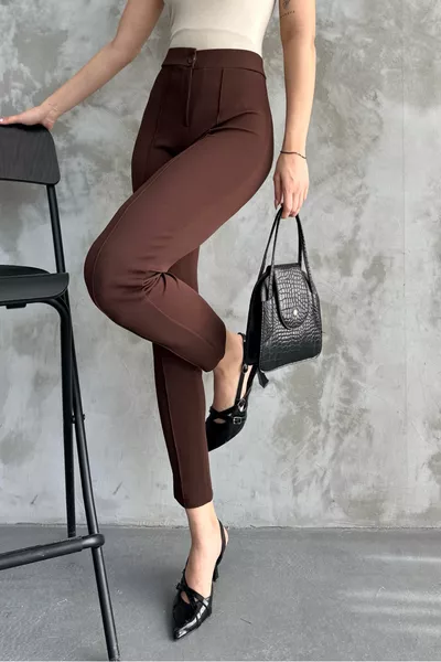 Kadın Kahve Yüksek Bel Toparlayıcı Dar Paça Çimalı Kumaş Pantolon