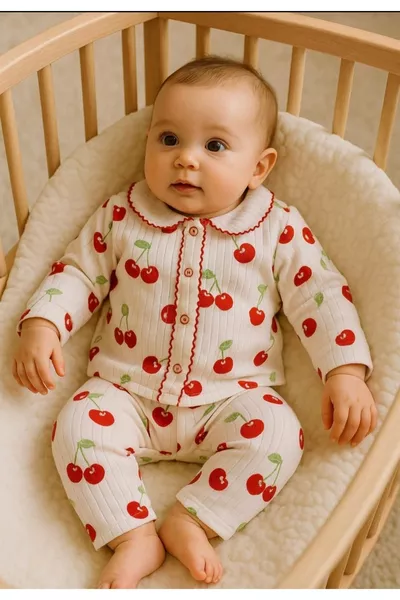 طقم بيجامة للفتيات الصغيرات من القطن العضوي مخطط بكرتون الكرز، يتكون من قطعتين، علوي وسفلي