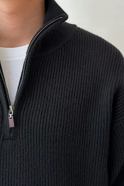 كنزة صوف رجالية سوداء بفتحة سحاب مقاس كبير برقبة سلندر