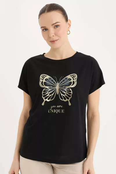 Crew Neck Butterfly Print Short Sleeve T-Shirt SP