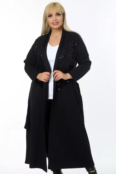 Длинный стильный кардиган с карманами, ремнем и пайетками